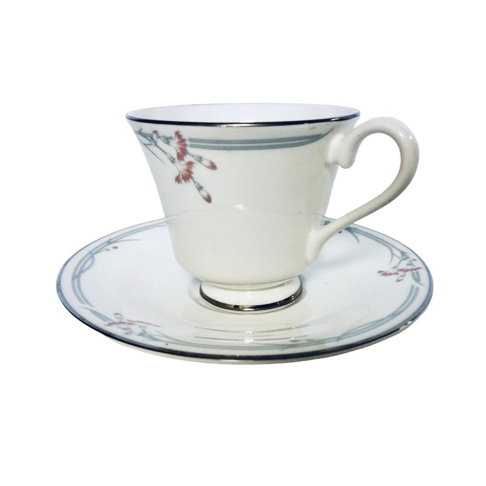 Royal Doulton Teacup Saucer Set Carnation Pink Flowers Platinum Trim England